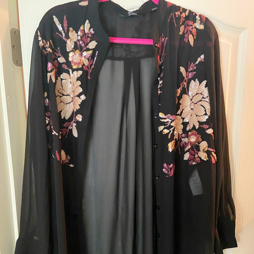 Sheer button down floral sequin shirt